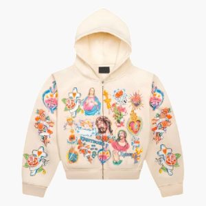 Saint Vanity“Risen King” Cropped Zipper Cream Hoodie